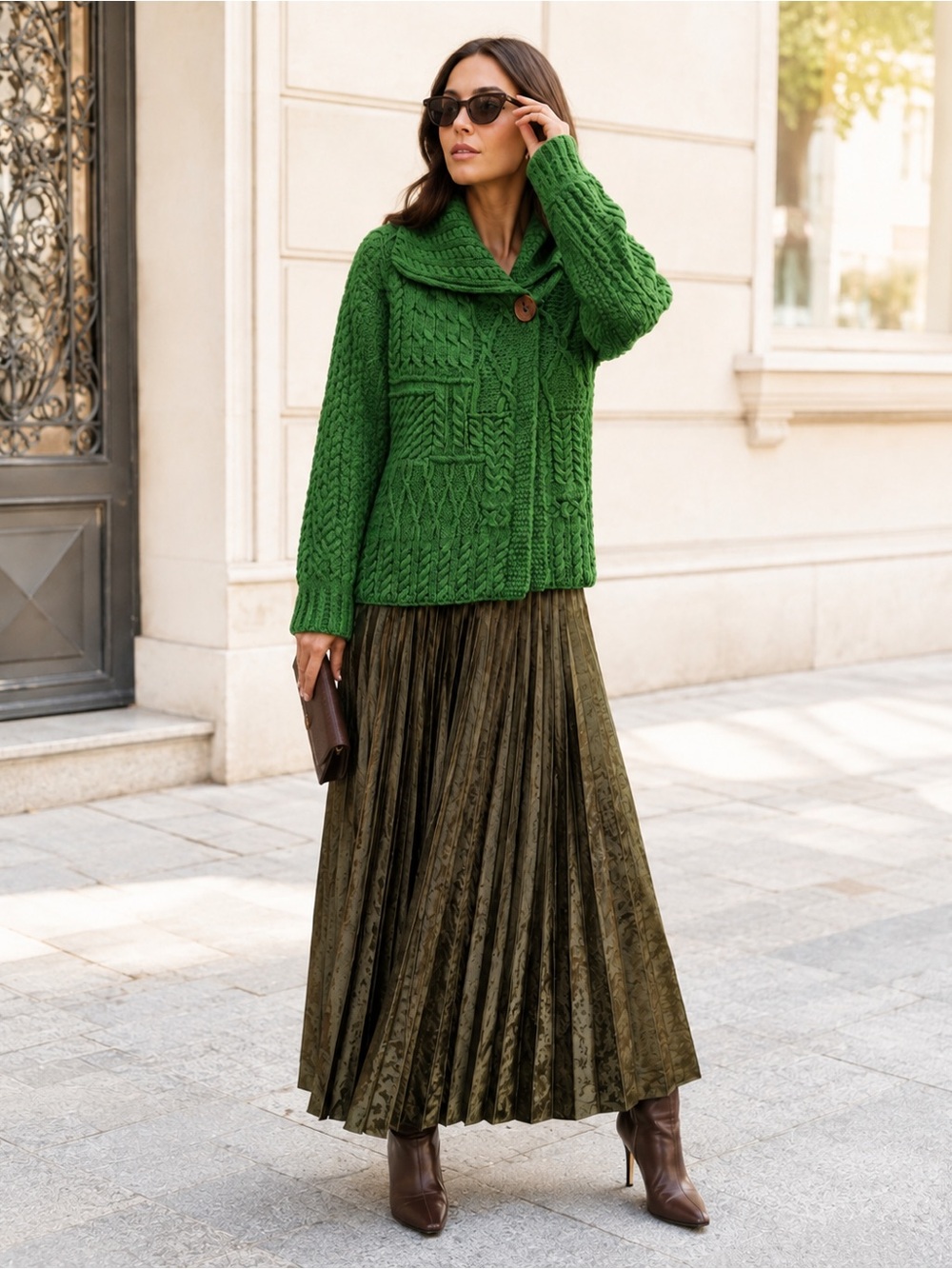 Carraig Donn 100% Merino Wool Irish Aran Cable Knit Cardigan Green Size S